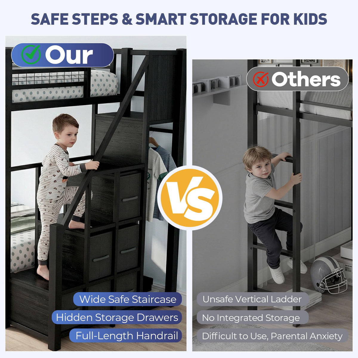 Black Metal Twin Over Twin Bunk Bed with Storage Stairs C570383
