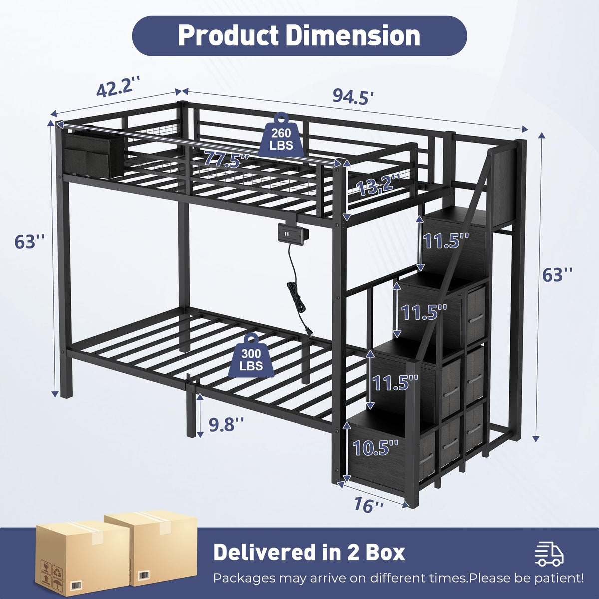 Black Metal Twin Over Twin Bunk Bed with Storage Stairs C570383