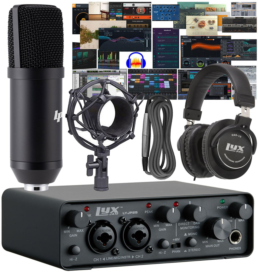 2x2 USB Audio Interface Recording Bundle with Condenser Mic, Headphones, Shockmount, XLR Cable F94339
