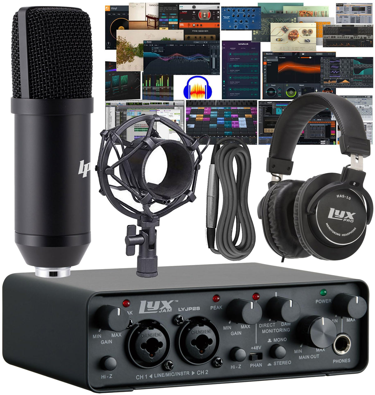 2x2 USB Audio Interface Recording Bundle with Condenser Mic, Headphones, Shockmount, XLR Cable F94339