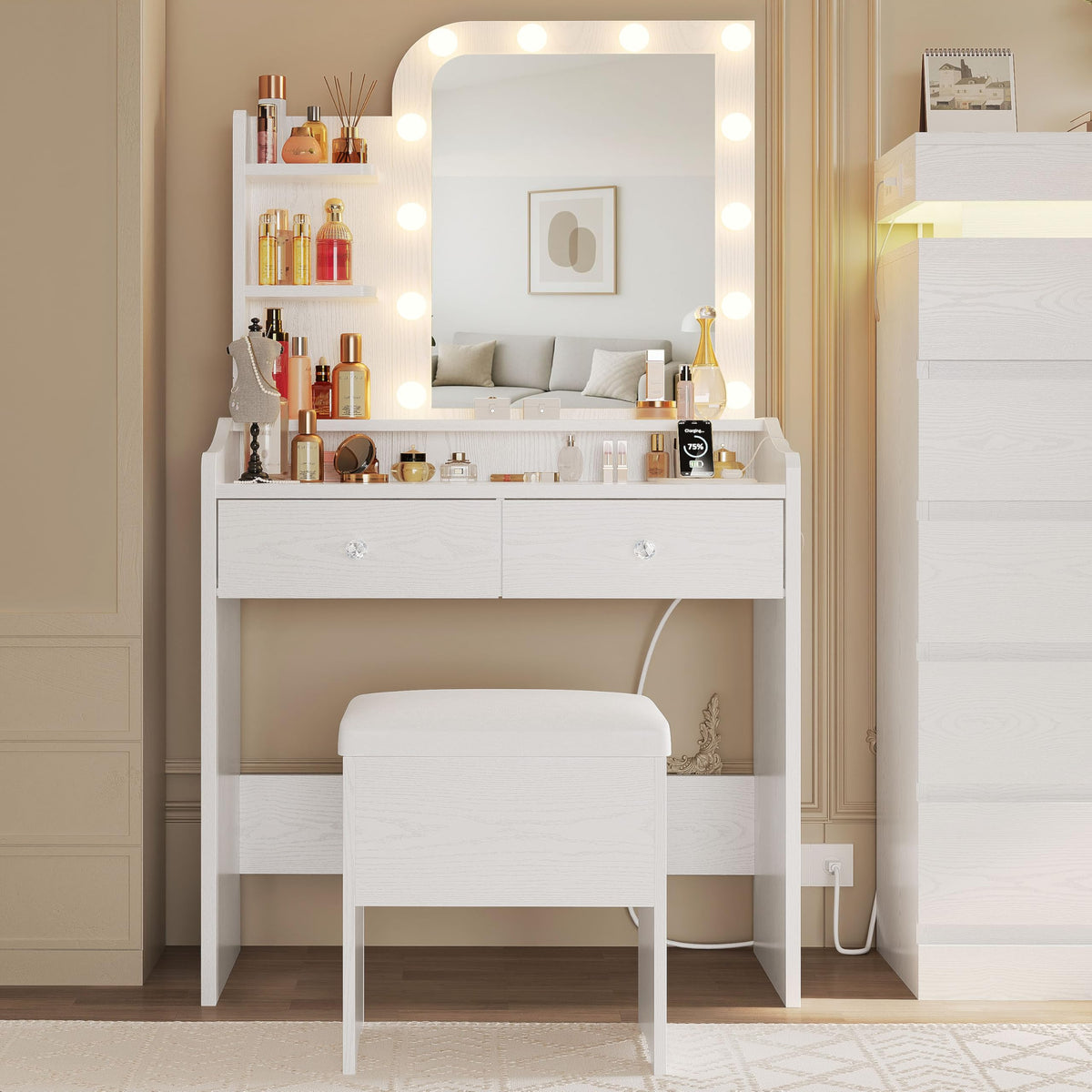 White Vanity Desk with Mirror Lights and Storage Stool B124