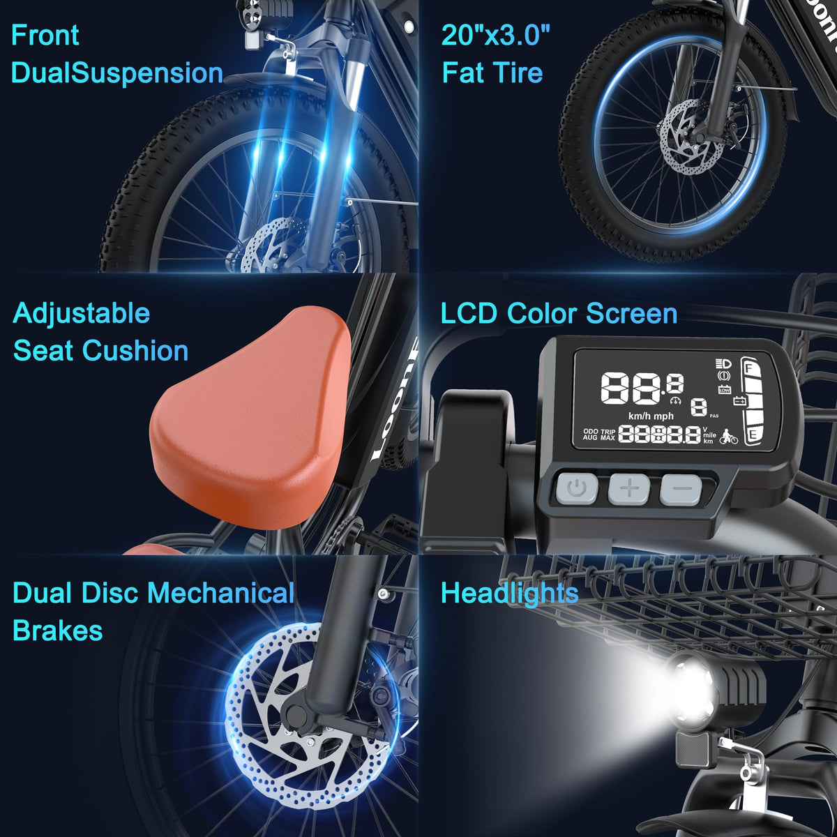 Peak 1000W 48V 13Ah Electric Bike with Rear Seat & Front Basket Y983582