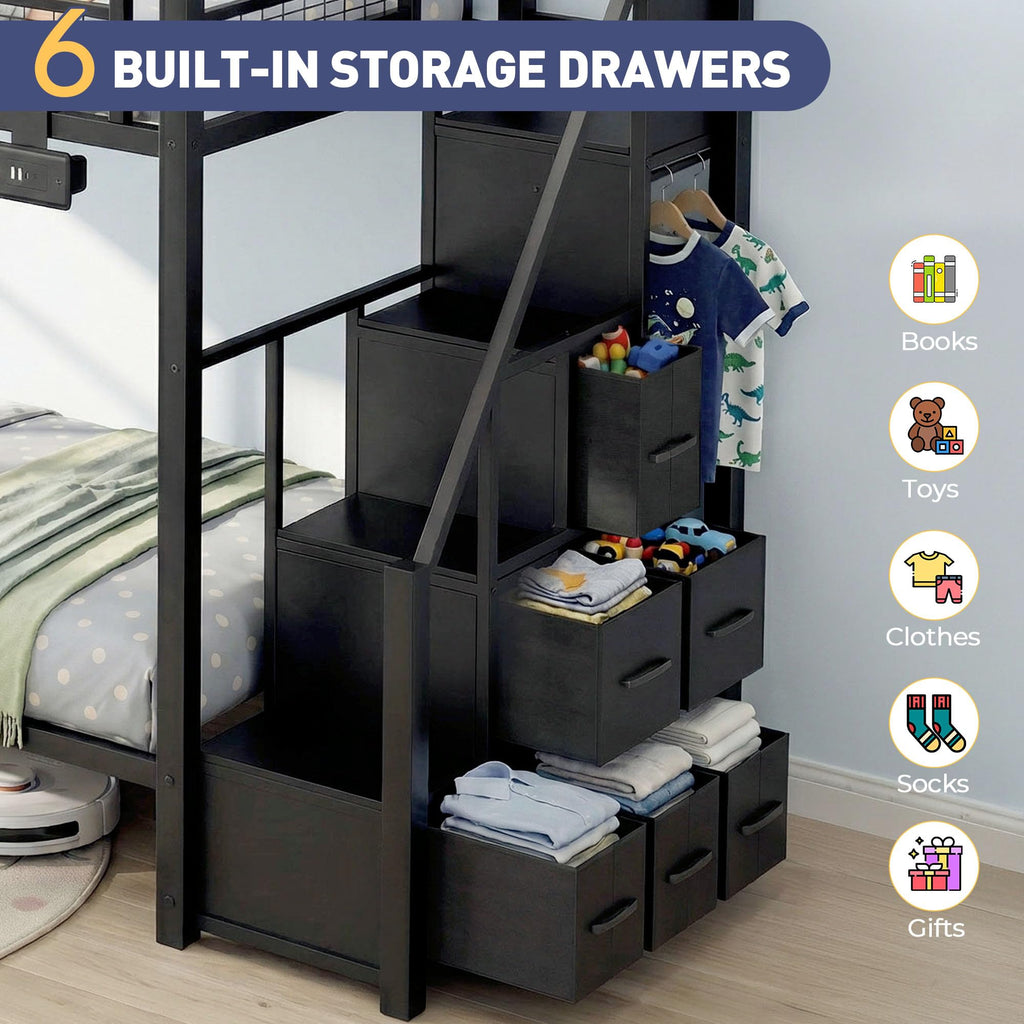 Black Metal Twin Over Twin Bunk Bed with Storage Stairs C570383