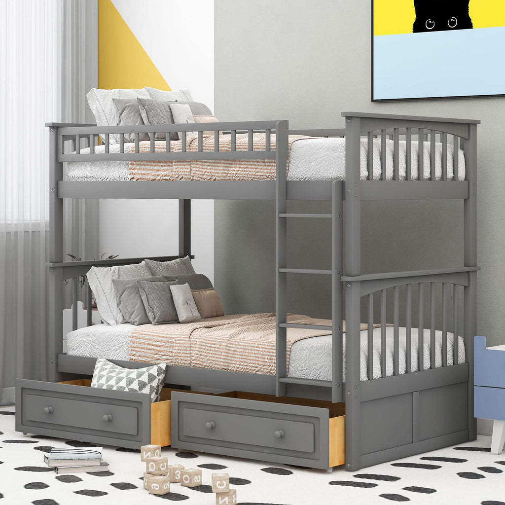 Grey Convertible Wood Twin-Over-Twin Bunk Bed with Storage Drawers and Ladder J65865