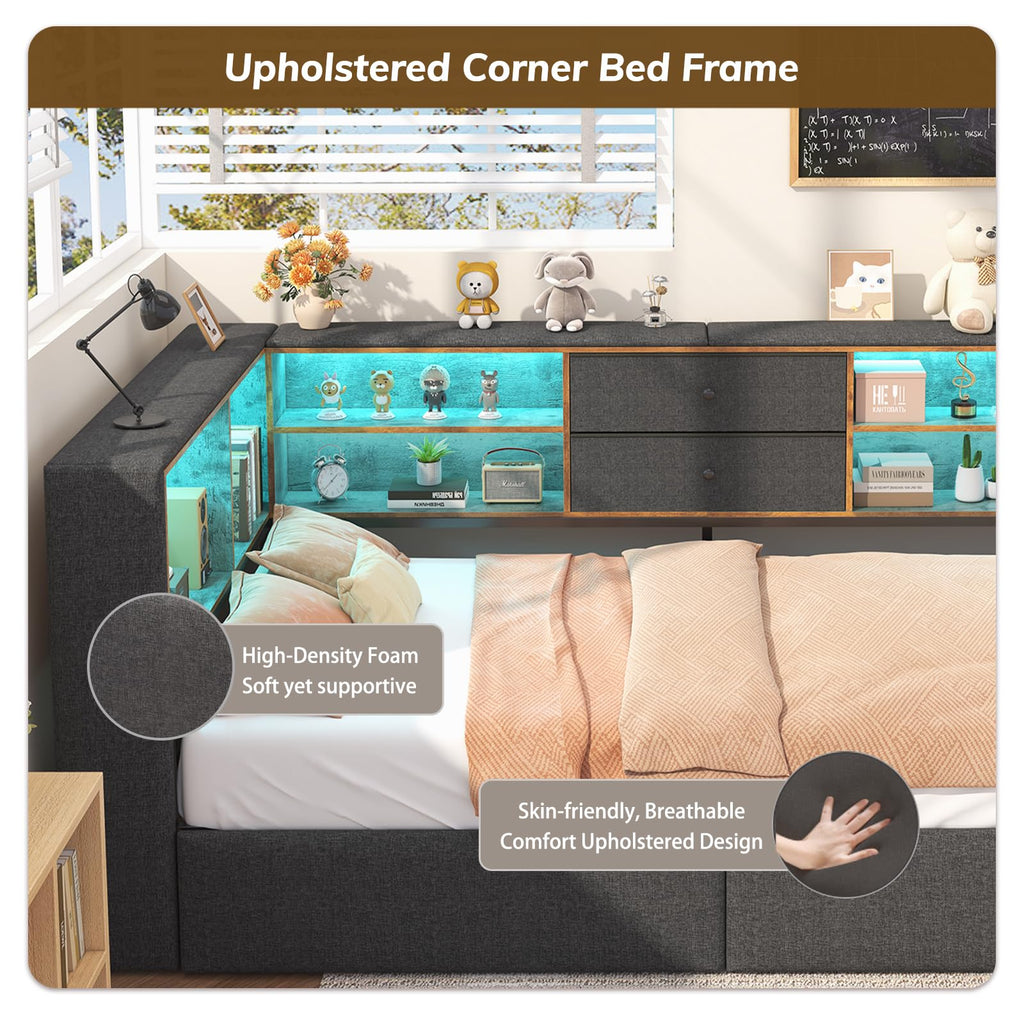Twin Corner Bed Frame with Storage Drawers P4393