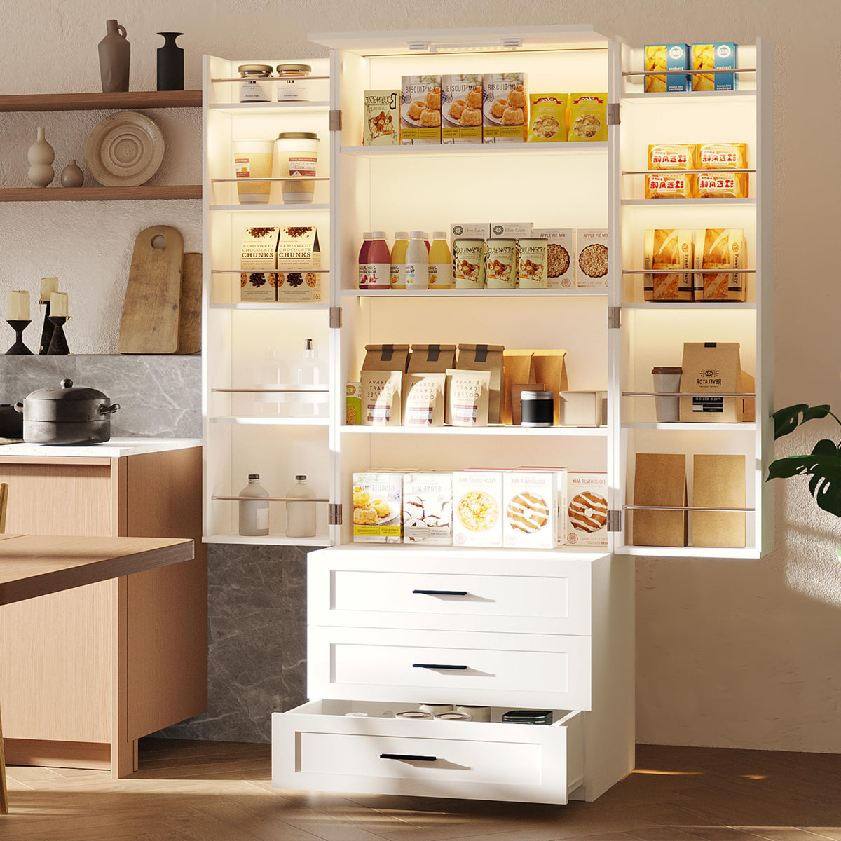 72" Wood Kitchen Pantry Cabinet with 3 Drawers D722429
