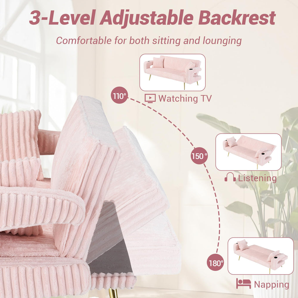 74" Pink Corduroy Convertible Sofa Bed with Cup Holder O708