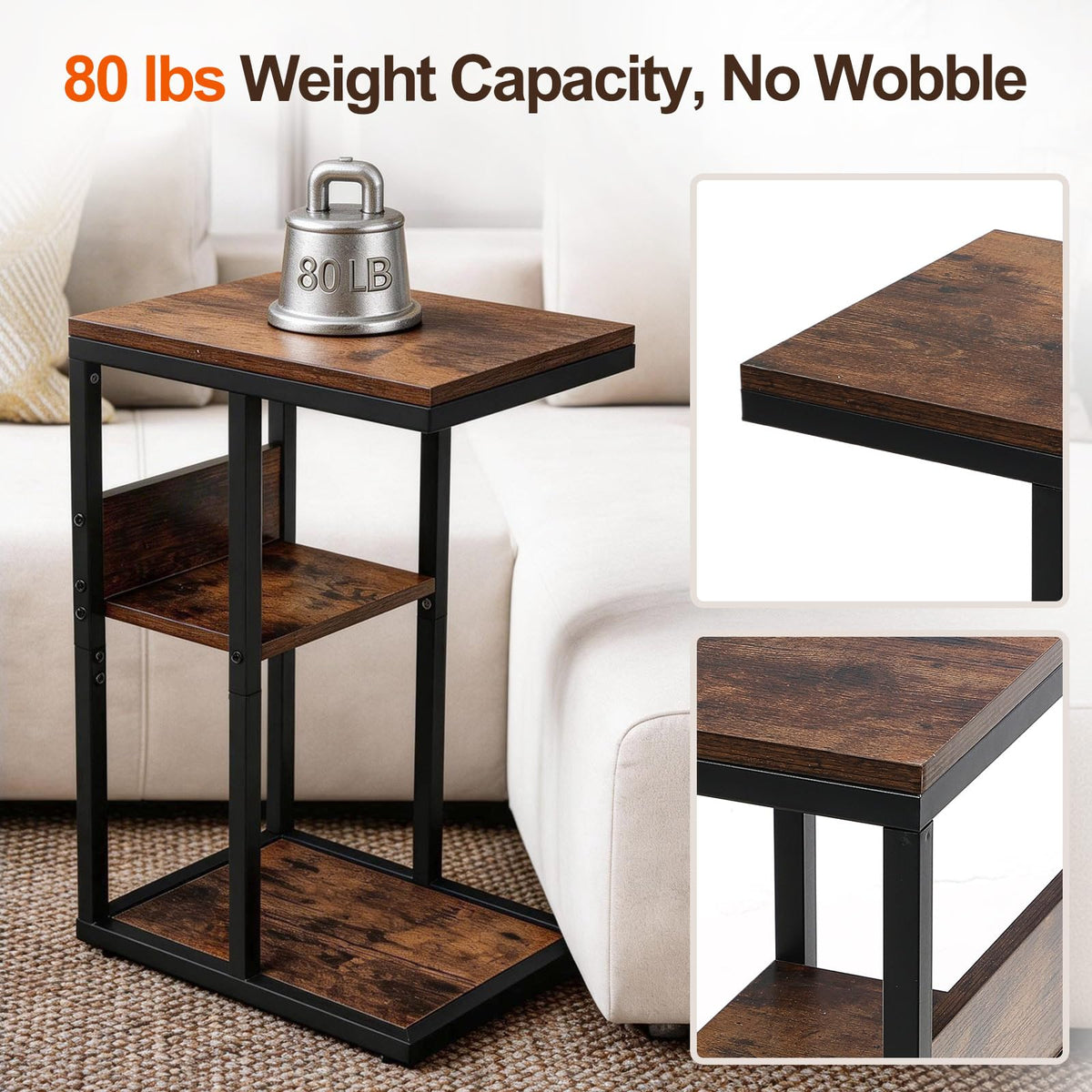 Brown 3 Tier C-Shaped Side Table with Storage Shelves and Metal Frame A75184