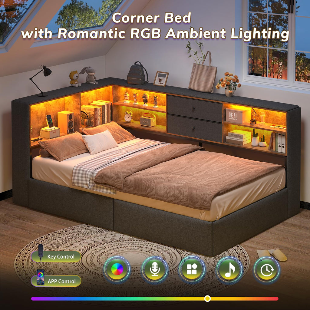 Twin Corner Bed Frame with Storage Drawers P4393