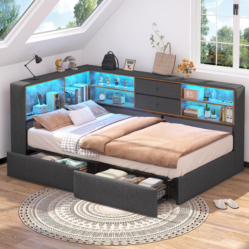 Twin Corner Bed Frame with Storage Drawers P4393