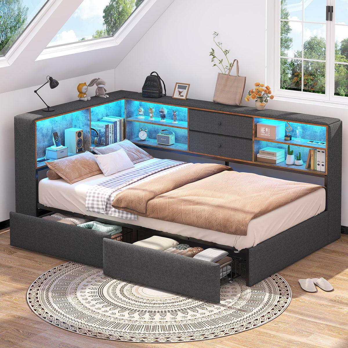 Twin Corner Bed Frame with Storage Drawers P4393