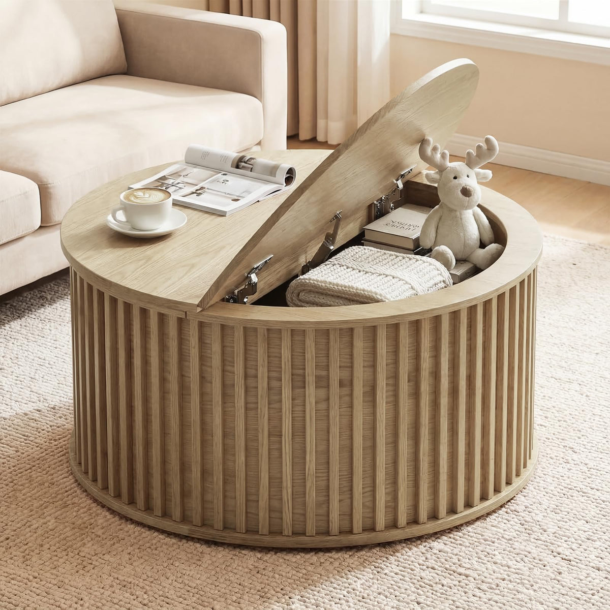 Round Coffee Table with Storage, 35.43" Fluted Center Table N558