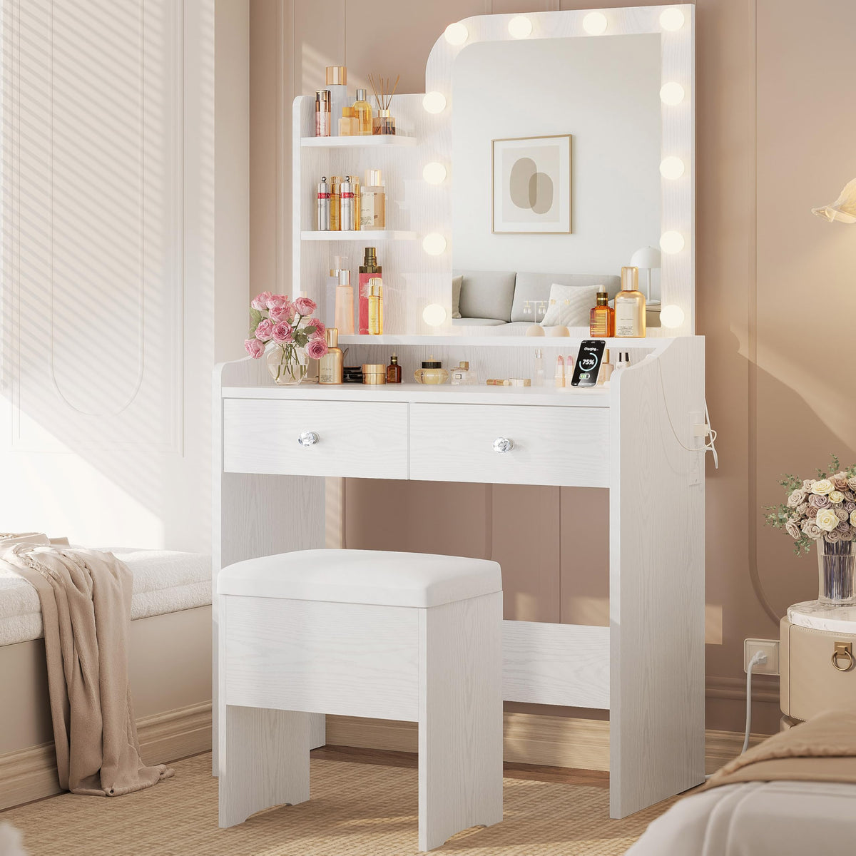 White Vanity Desk with Mirror Lights and Storage Stool B124