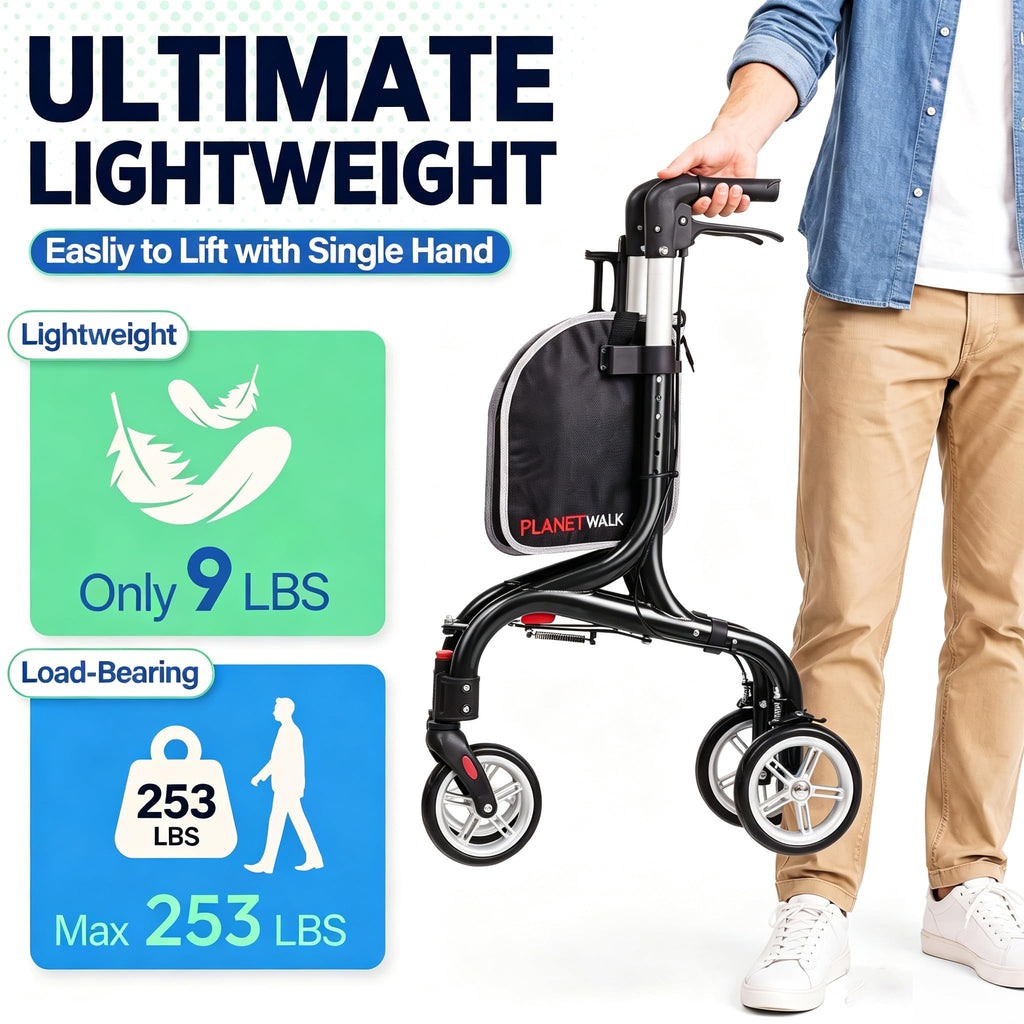 Super Lightweight 3 Wheel Foldable Aluminum Walker with Cup Holder, Black Z717