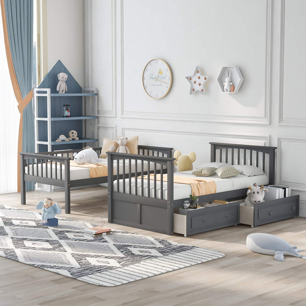 Grey Convertible Wood Twin-Over-Twin Bunk Bed with Storage Drawers and Ladder J65865