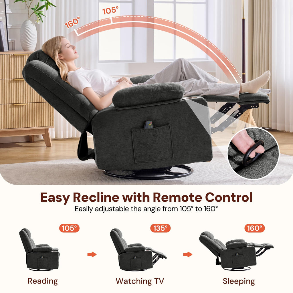 Grey Chenille Swivel Rocker Recliner with Massage and Heat I682965