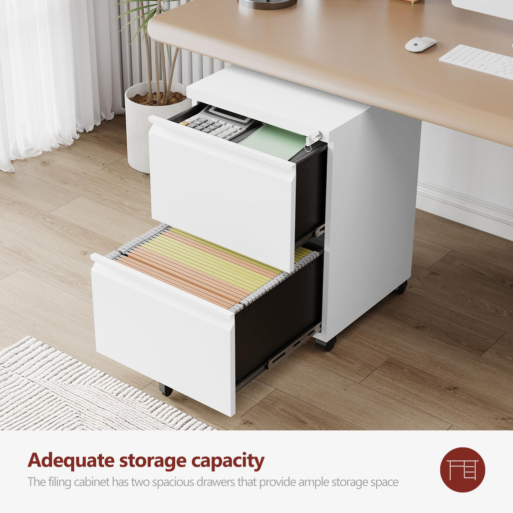 2 Drawer White Metal File Cabinet with Lock and Wheels S5097