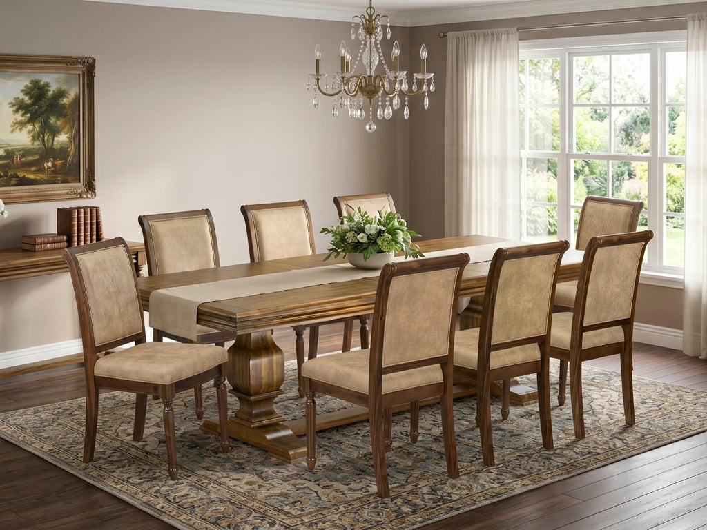 9 Piece Dining Table Set with 8 Beige Fabric Chairs C16538