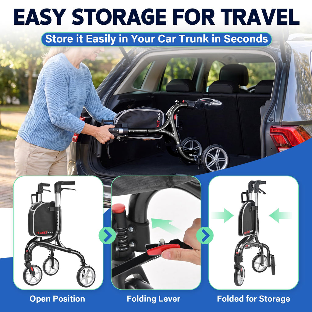 Super Lightweight 3 Wheel Foldable Aluminum Walker with Cup Holder, Black Z717