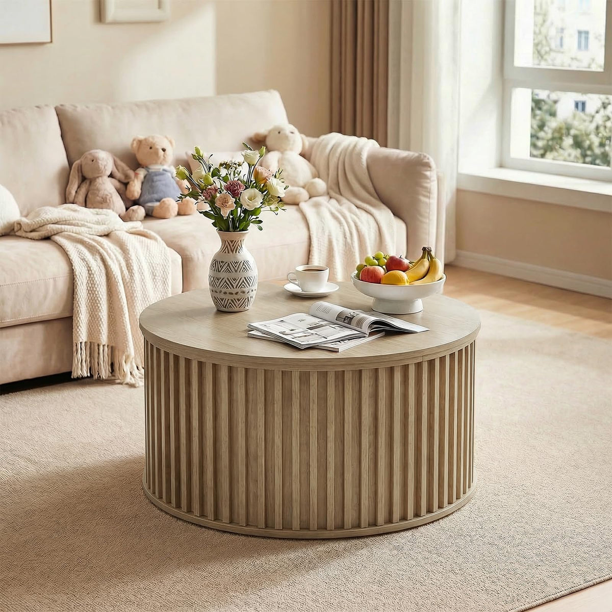 Round Coffee Table with Storage, 35.43" Fluted Center Table N558