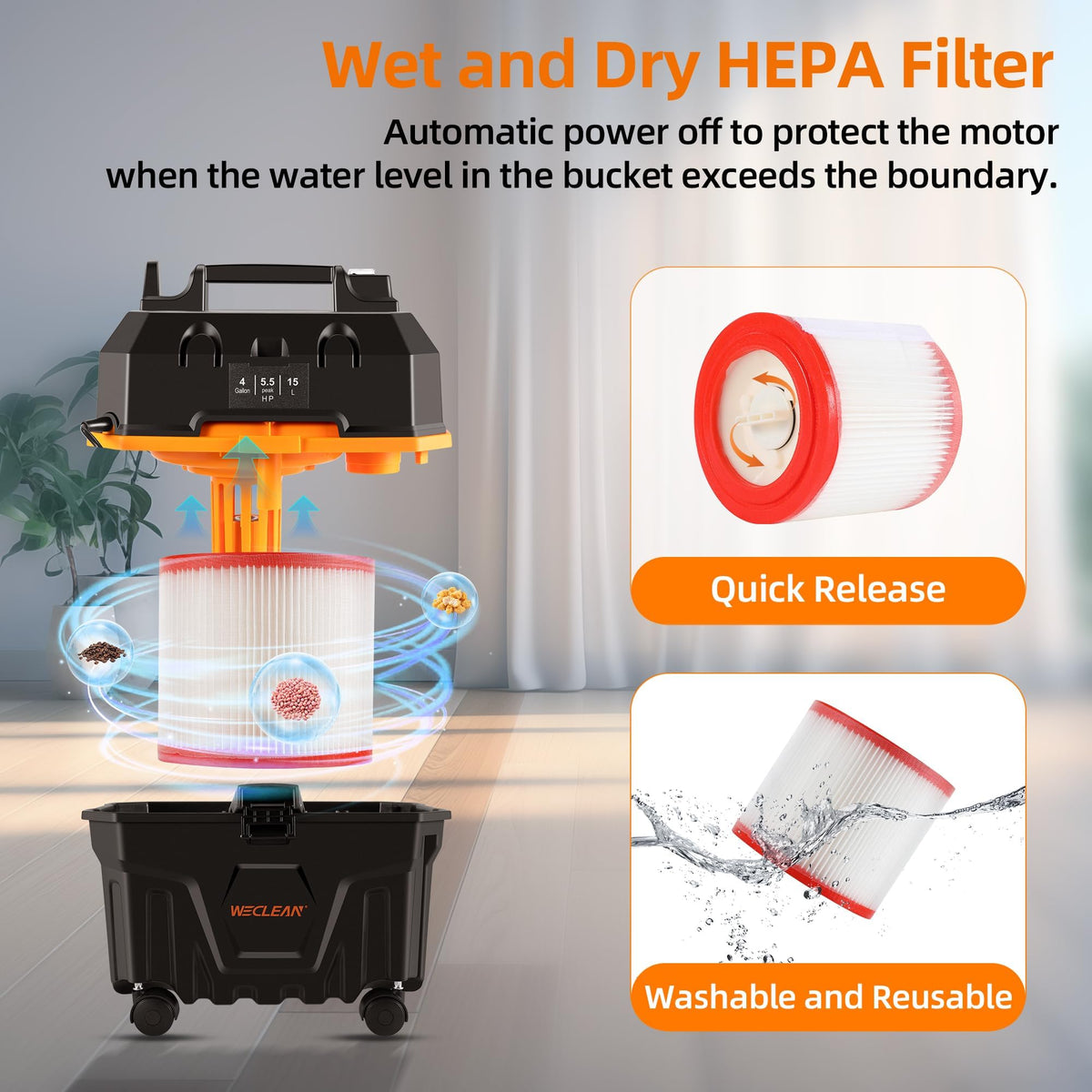 4 Gallon 5.5 Peak HP Wet Dry Vacuum Cleaner with Blower Function D32627