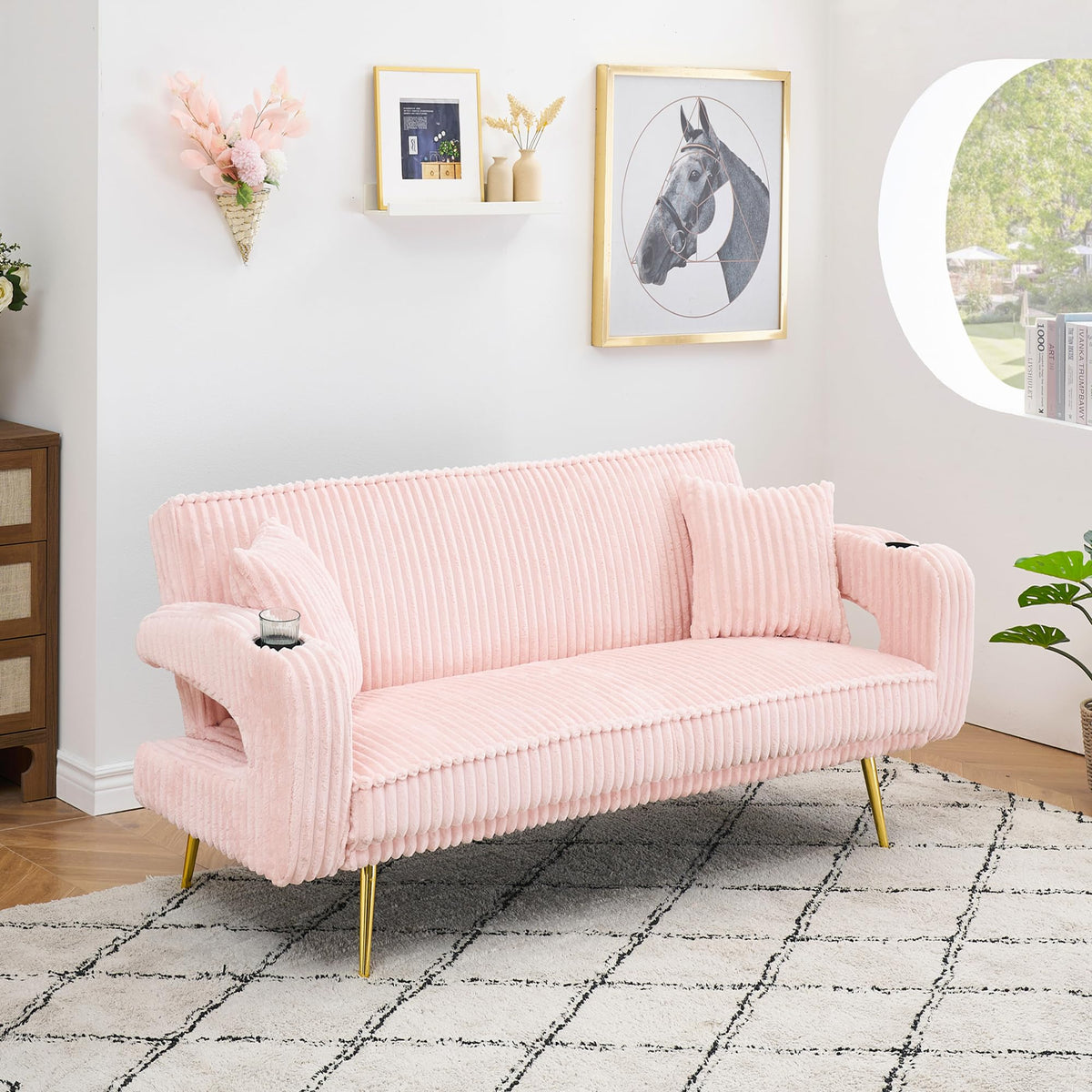 74" Pink Corduroy Convertible Sofa Bed with Cup Holder O708