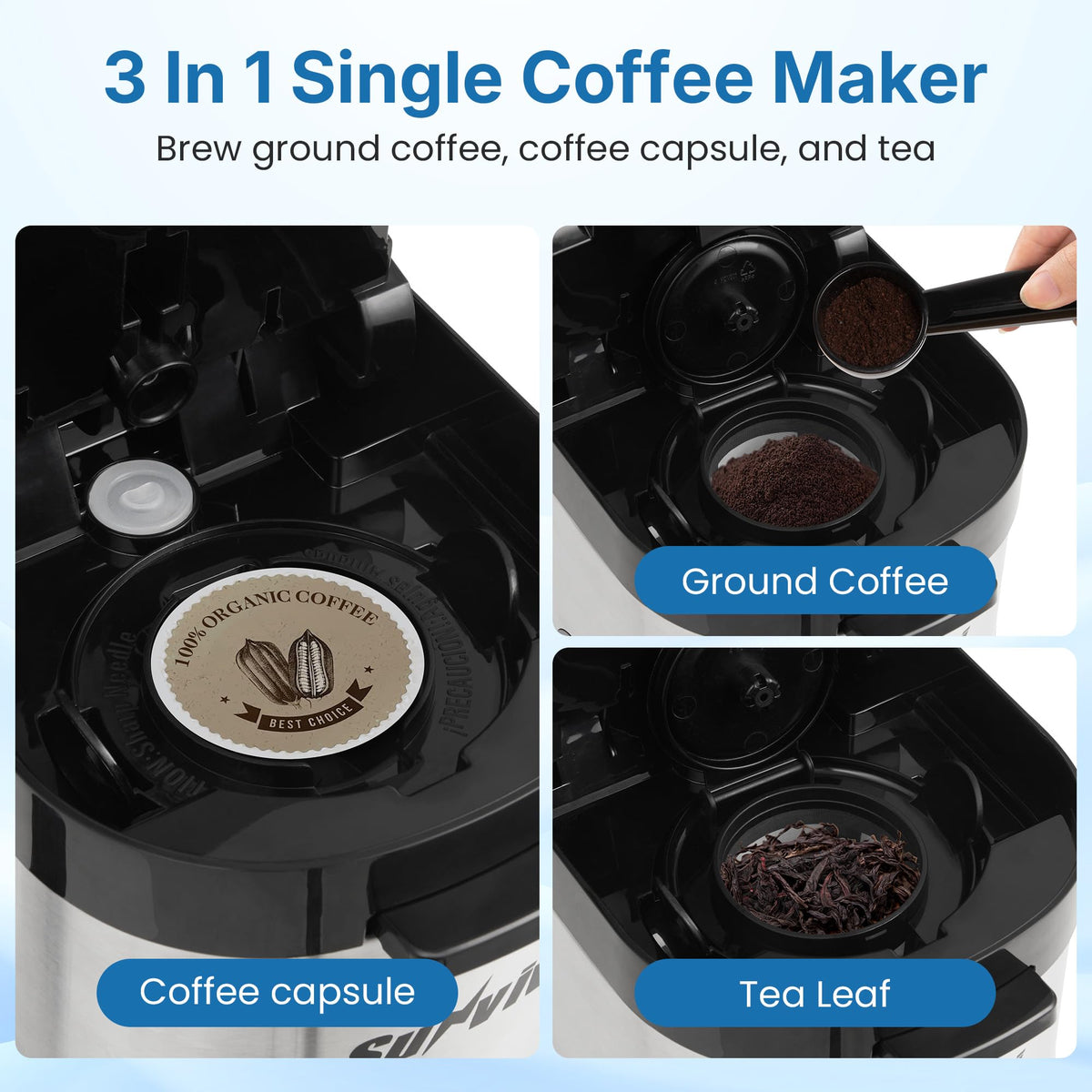 3-in-1 Single Serve Coffee Maker with Removable Water Reservoir, Black X354