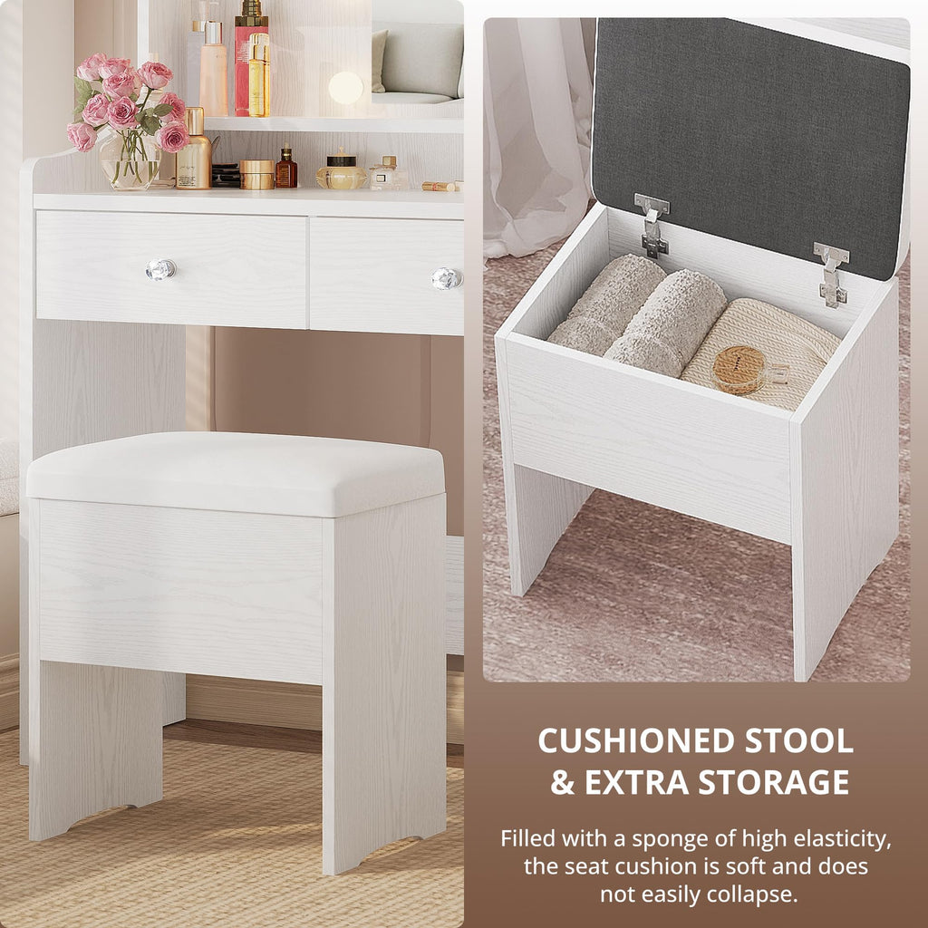 White Vanity Desk with Mirror Lights and Storage Stool B124