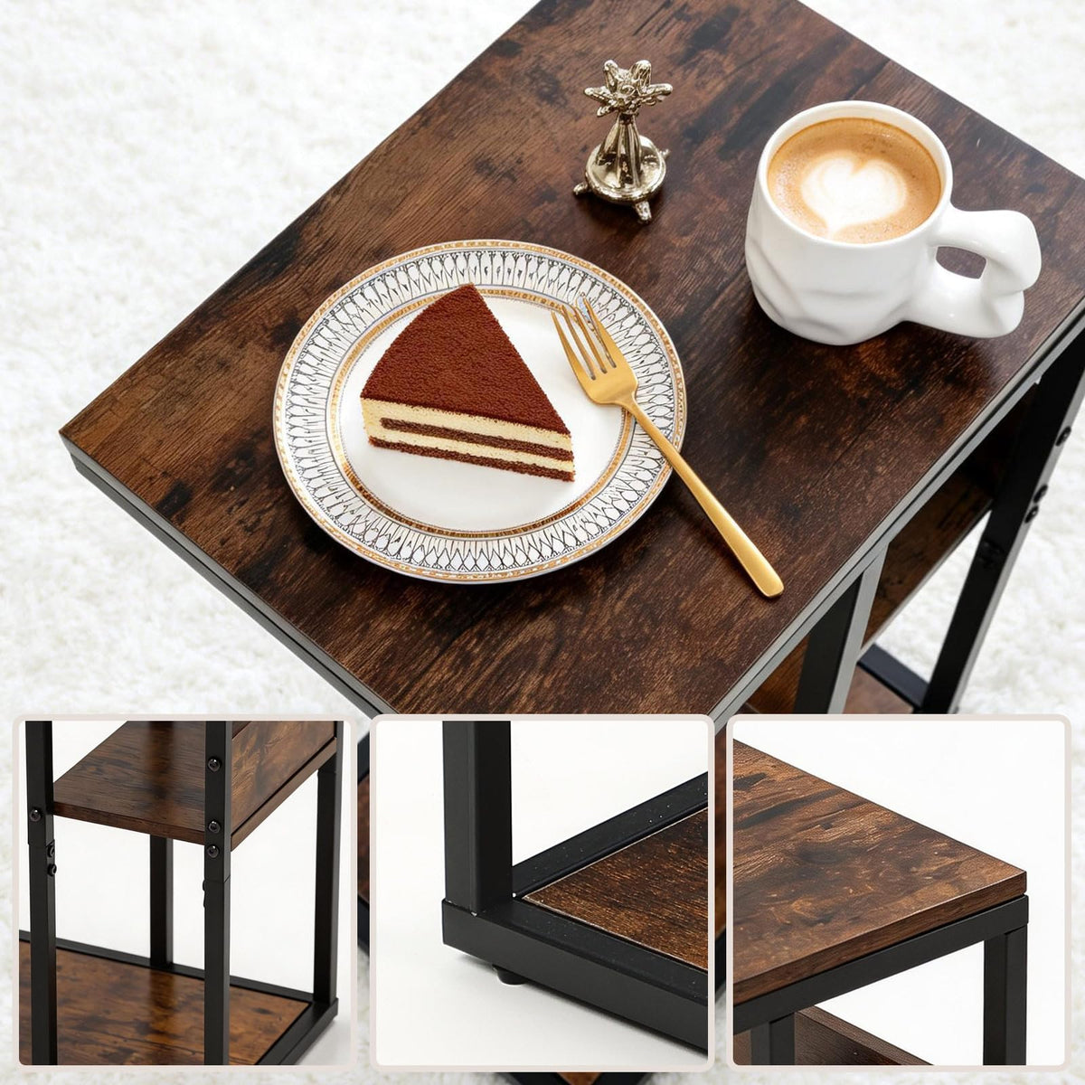 Brown 3 Tier C-Shaped Side Table with Storage Shelves and Metal Frame A75184