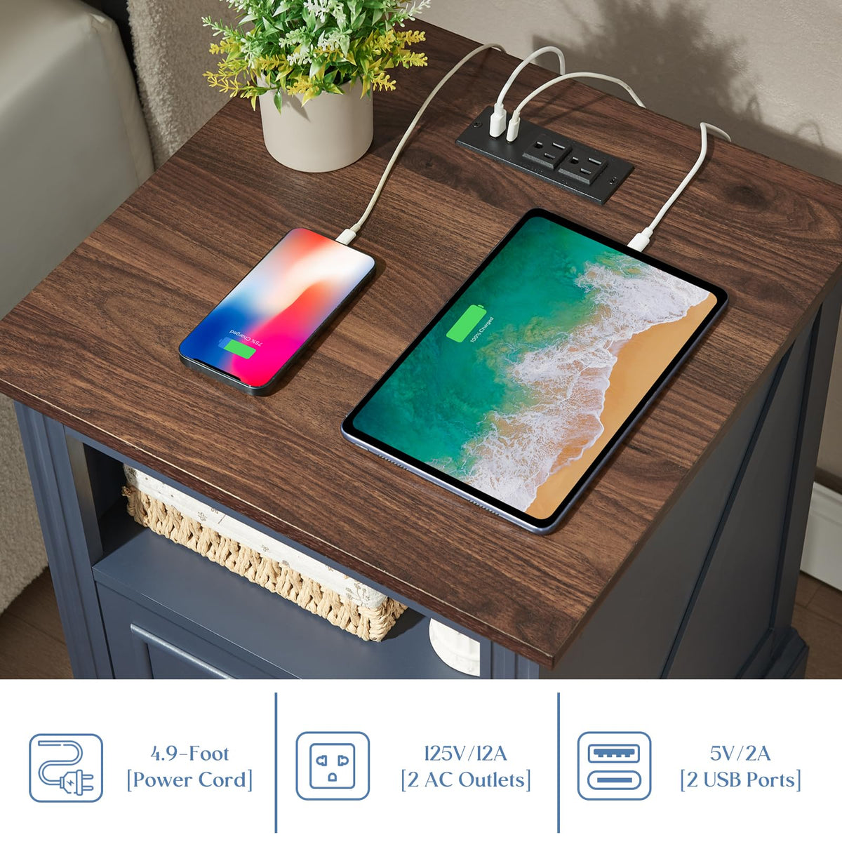 Blue 2 Drawer Nightstand with Charging Station R1941