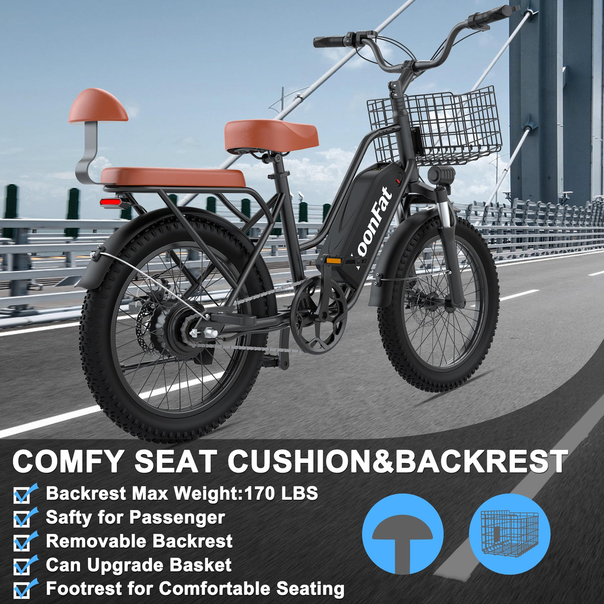 Peak 1000W 48V 13Ah Electric Bike with Rear Seat & Front Basket Y983582