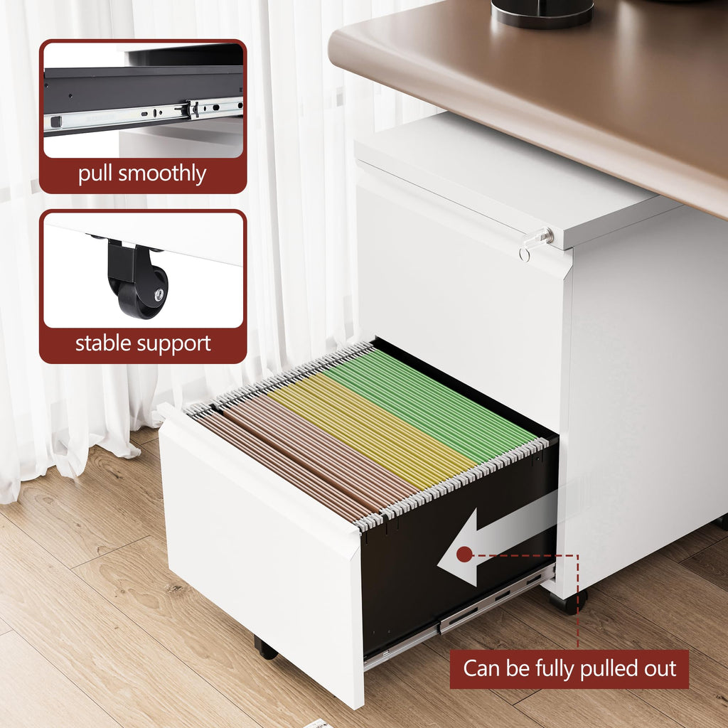 2 Drawer White Metal File Cabinet with Lock and Wheels S5097