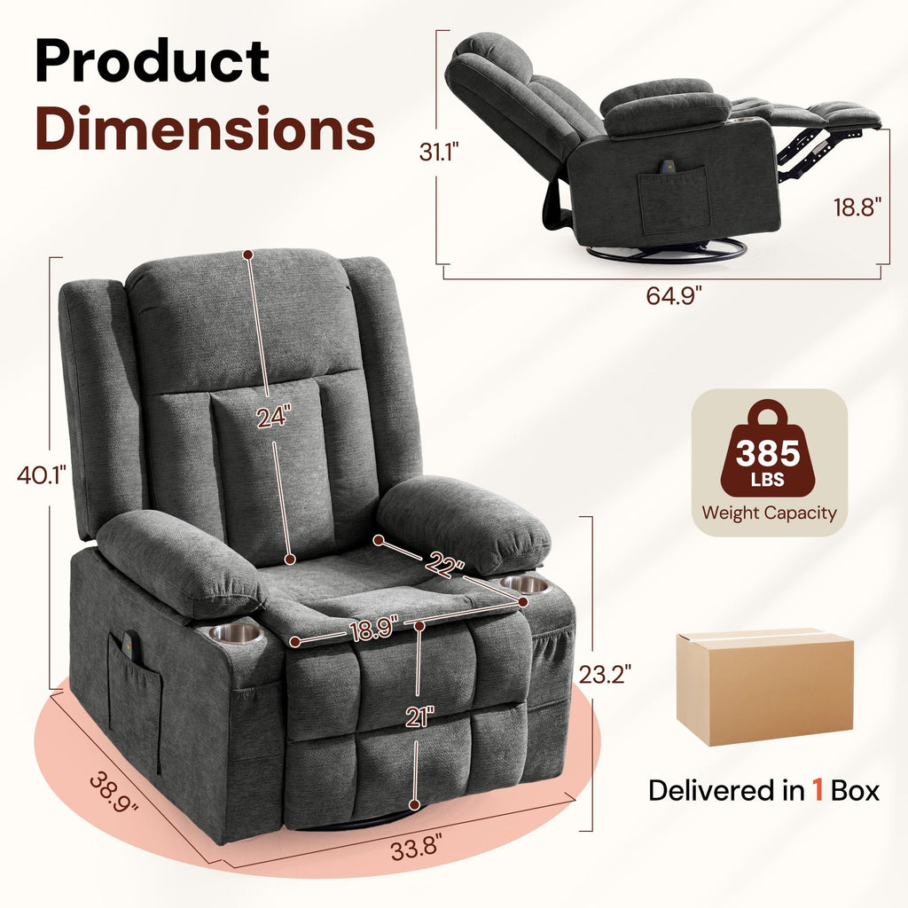 Grey Chenille Swivel Rocker Recliner with Massage and Heat I682965
