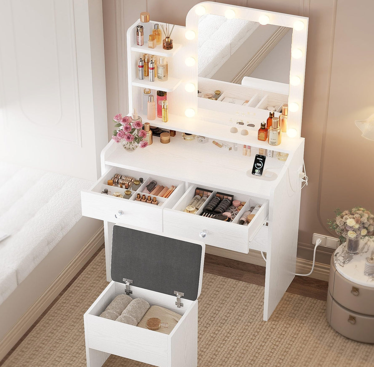 White Vanity Desk with Mirror Lights and Storage Stool B124