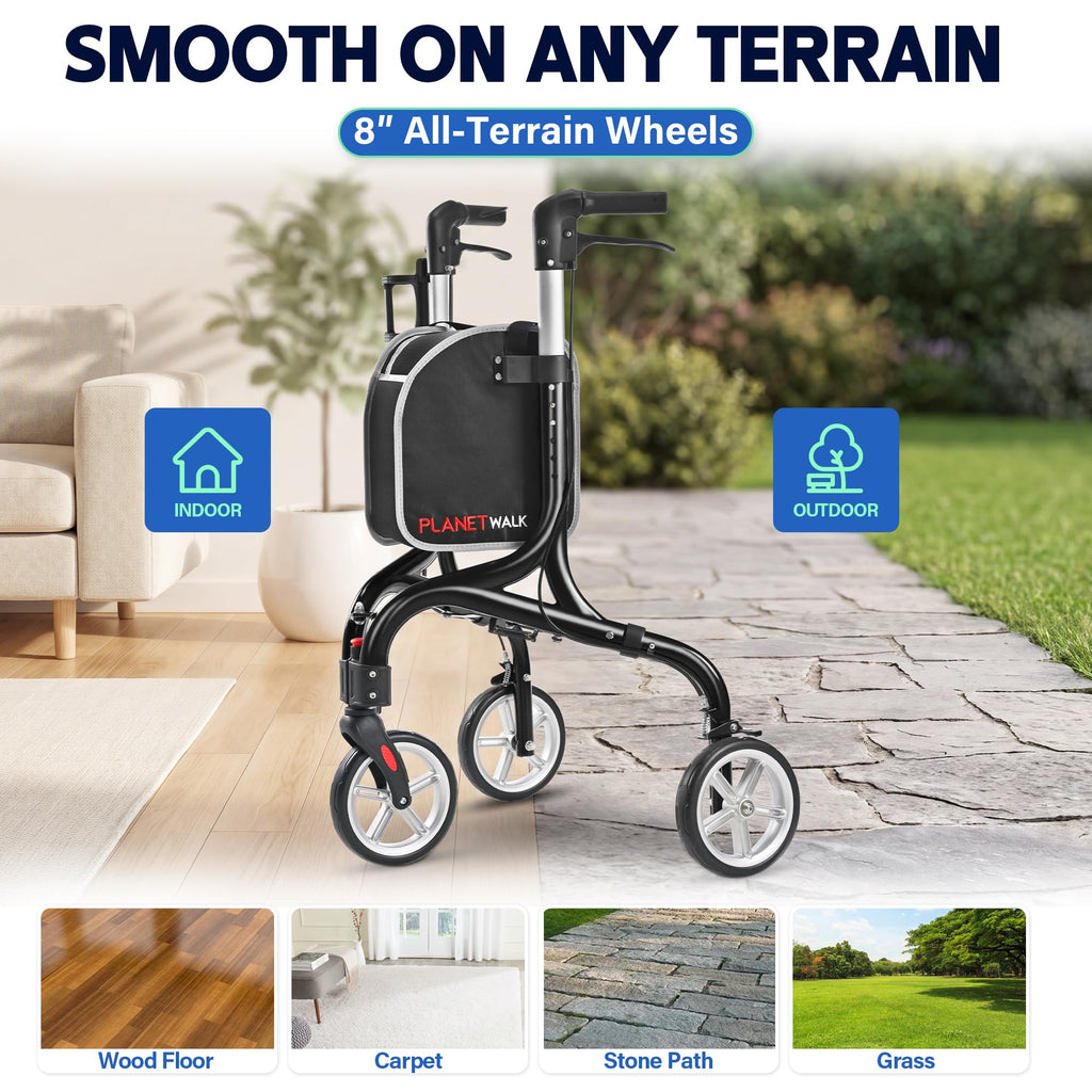 Super Lightweight 3 Wheel Foldable Aluminum Walker with Cup Holder, Black Z717