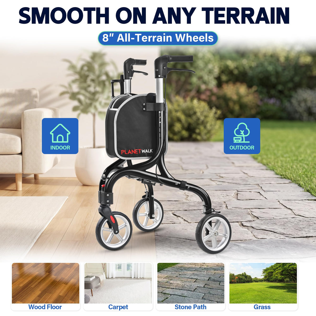 Super Lightweight 3 Wheel Foldable Aluminum Walker with Cup Holder, Black Z717