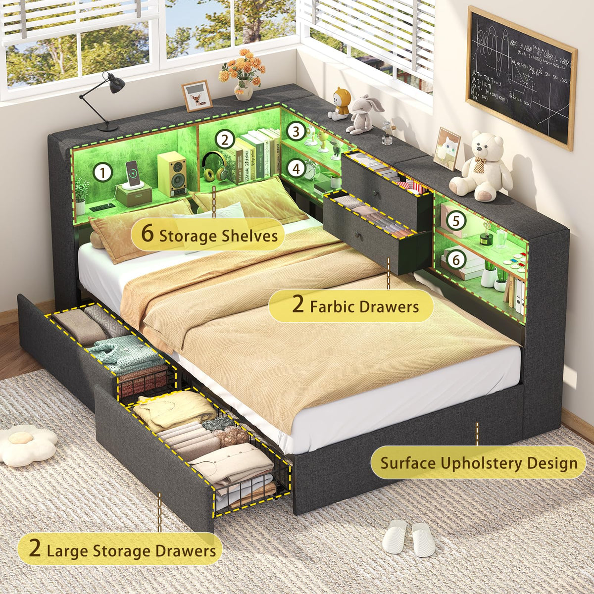 Twin Corner Bed Frame with Storage Drawers P4393