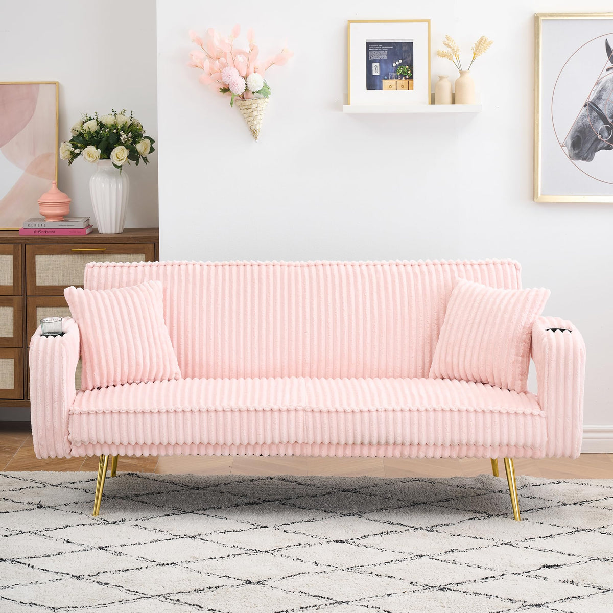 74" Pink Corduroy Convertible Sofa Bed with Cup Holder O708