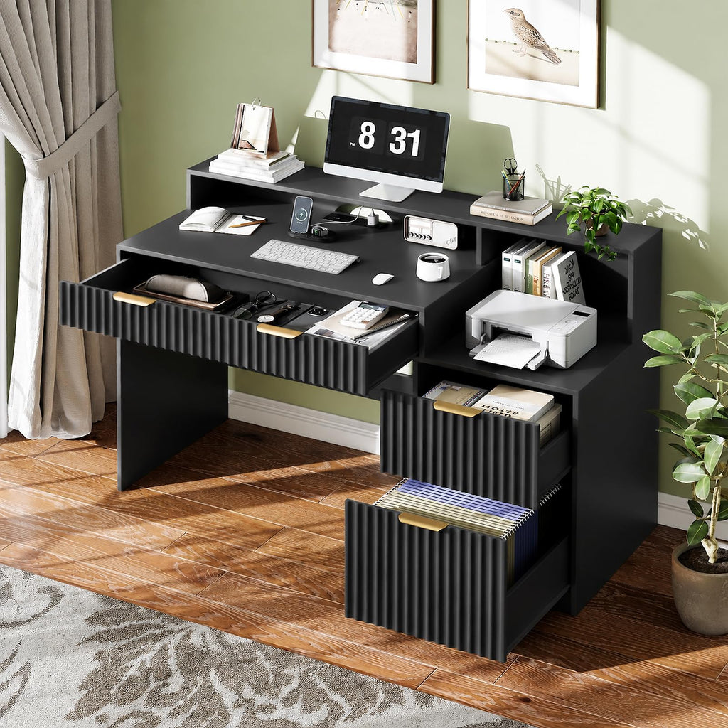 Black Computer Desk with Drawers L722