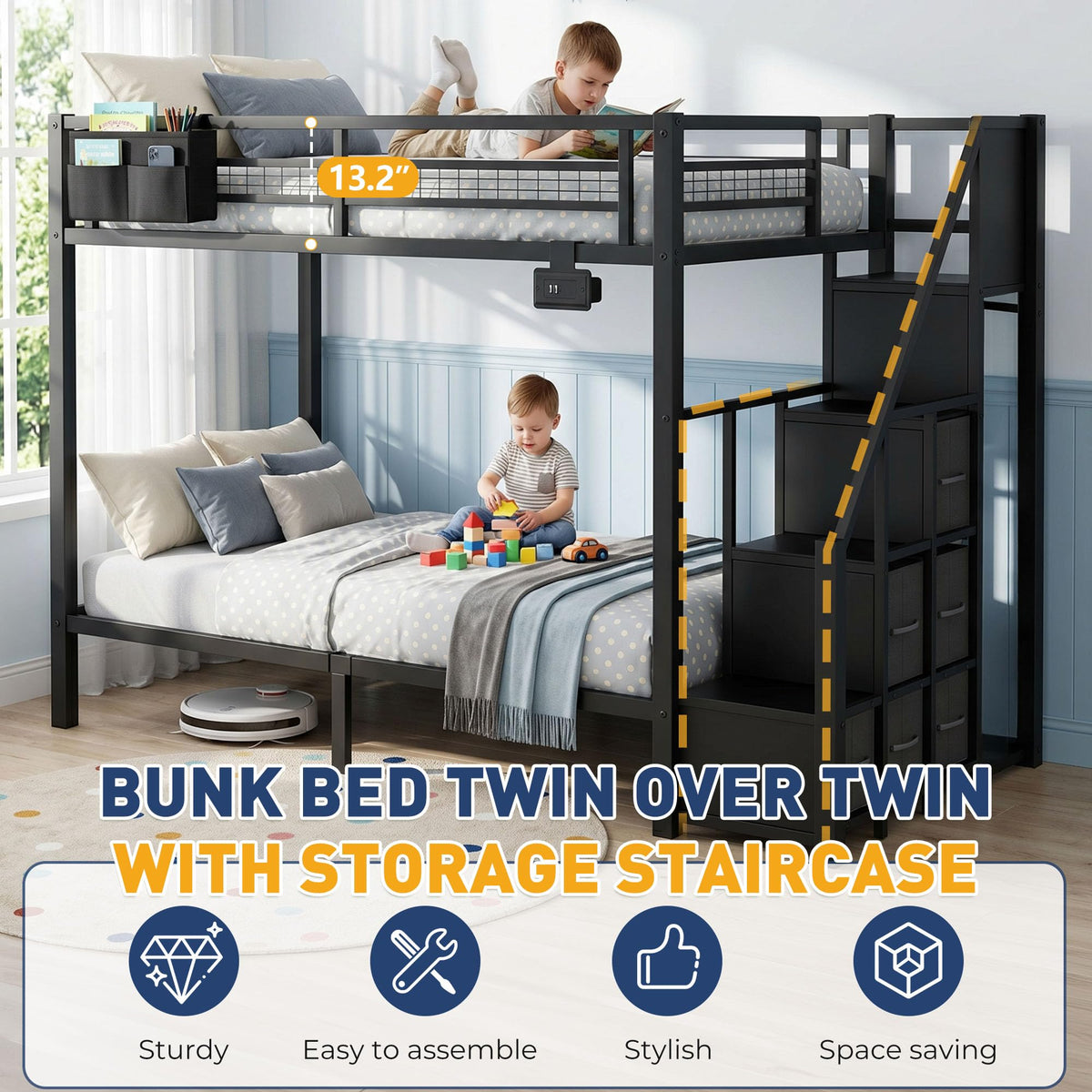 Black Metal Twin Over Twin Bunk Bed with Storage Stairs C570383