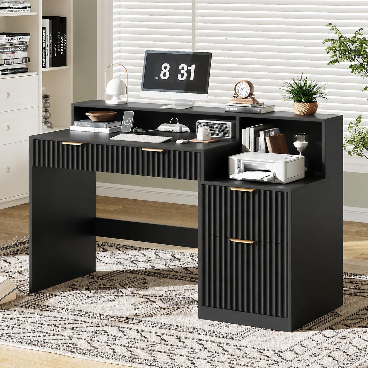 Black Computer Desk with Drawers L722