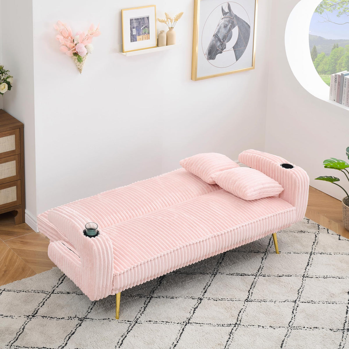 74" Pink Corduroy Convertible Sofa Bed with Cup Holder O708