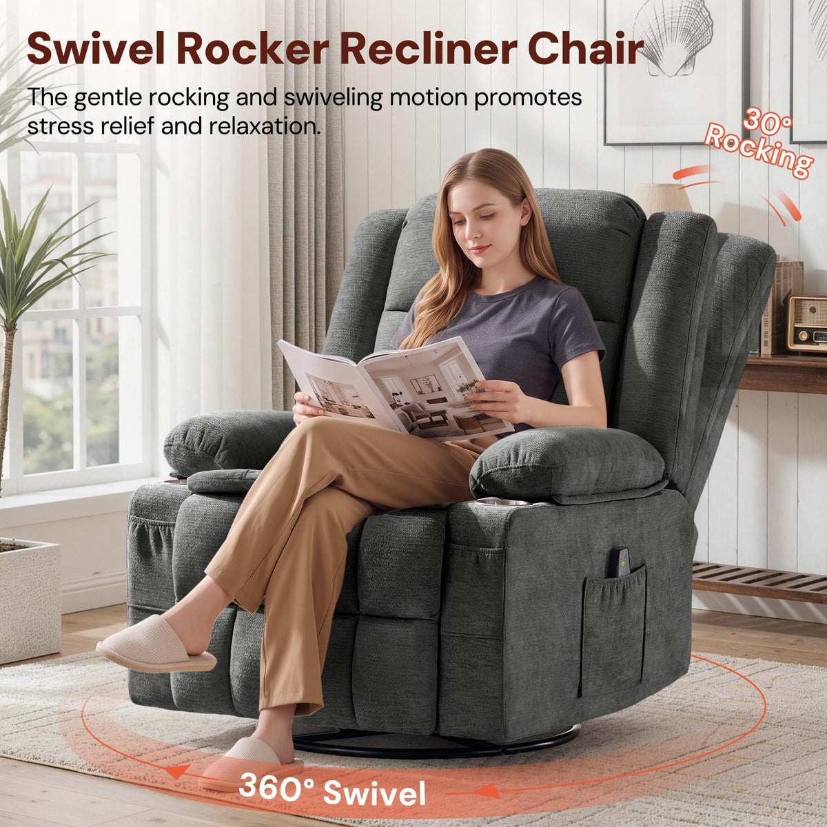 Grey Chenille Swivel Rocker Recliner with Massage and Heat I682965