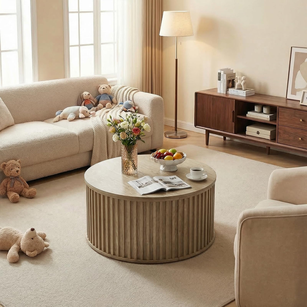 Round Coffee Table with Storage, 35.43" Fluted Center Table N558