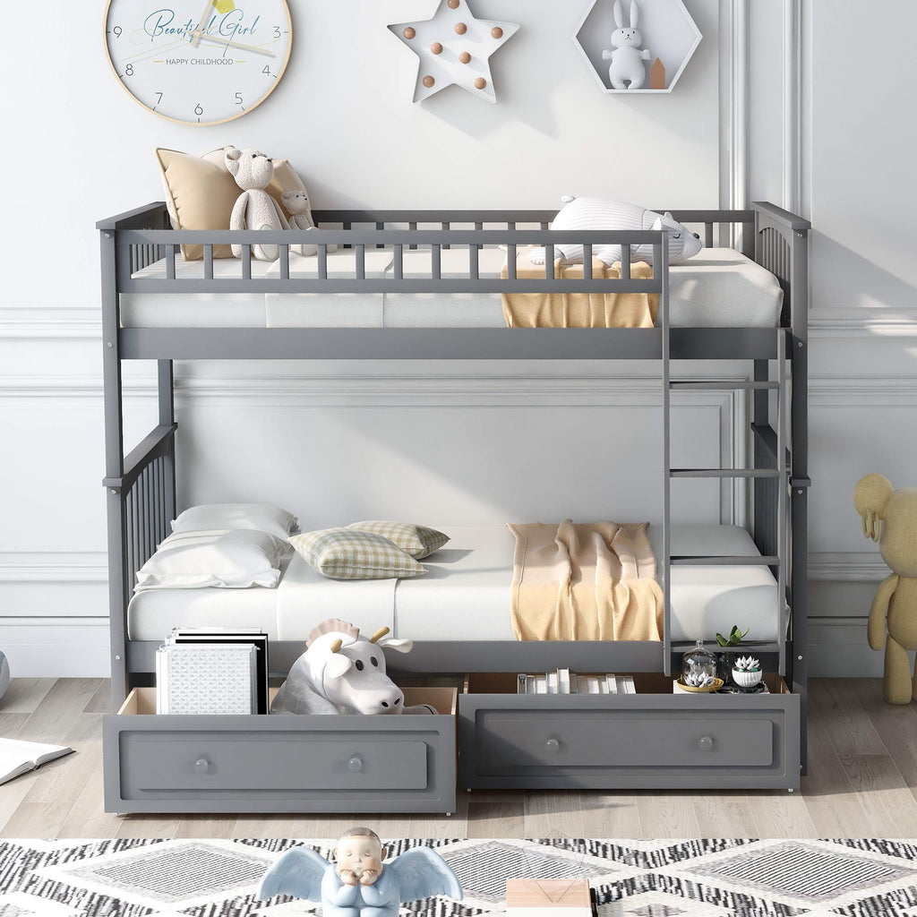 Grey Convertible Wood Twin-Over-Twin Bunk Bed with Storage Drawers and Ladder J65865