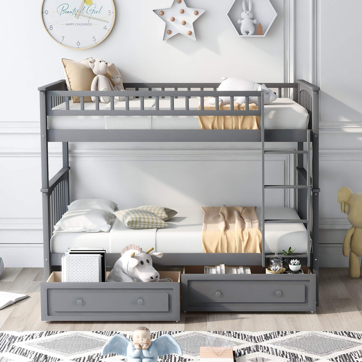 Grey Convertible Wood Twin-Over-Twin Bunk Bed with Storage Drawers and Ladder J65865