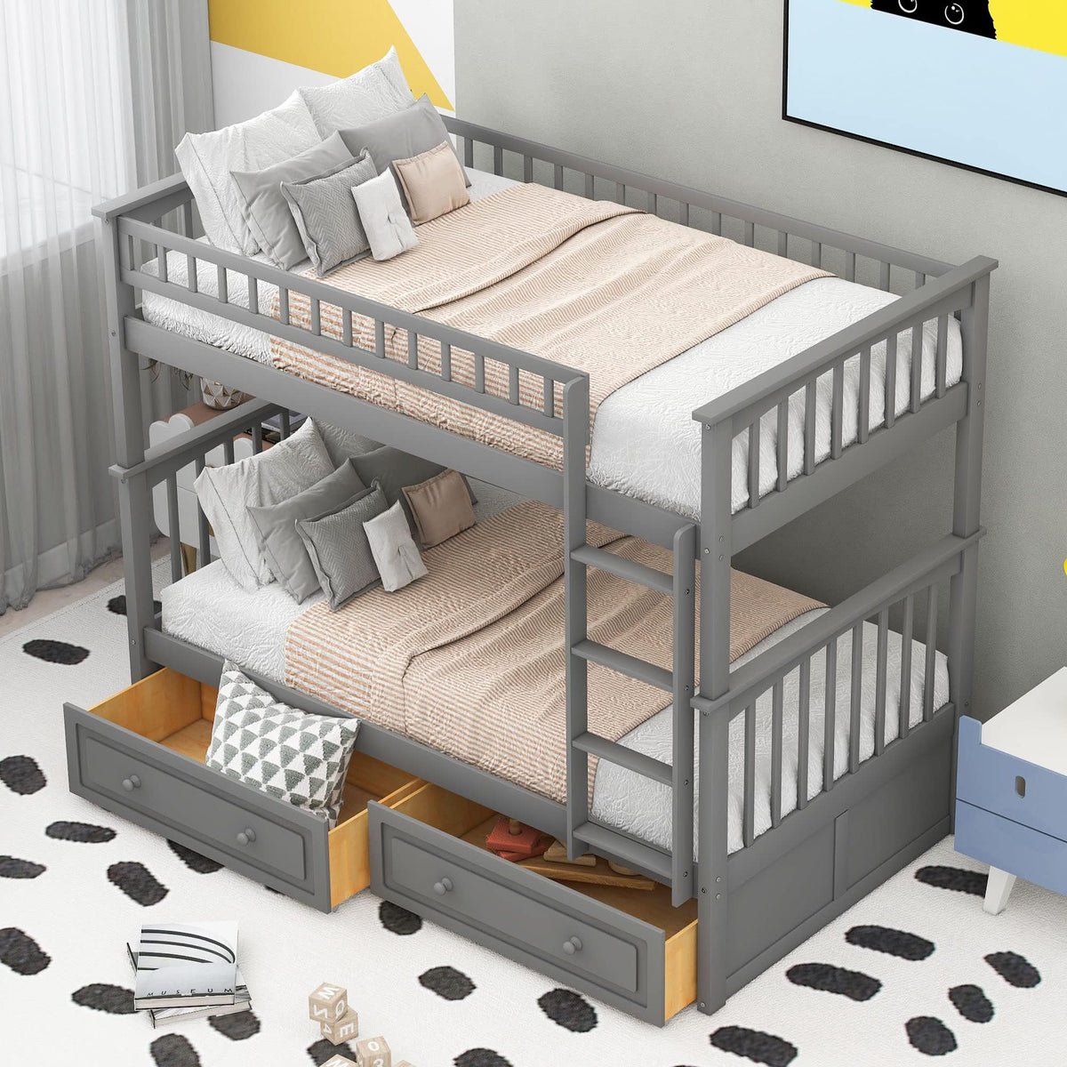 Grey Convertible Wood Twin-Over-Twin Bunk Bed with Storage Drawers and Ladder J65865