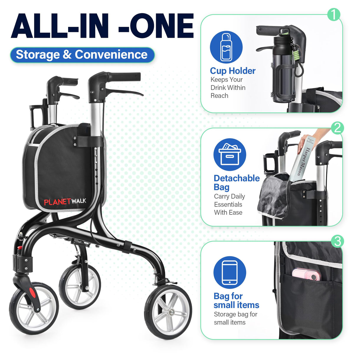 Super Lightweight 3 Wheel Foldable Aluminum Walker with Cup Holder, Black Z717