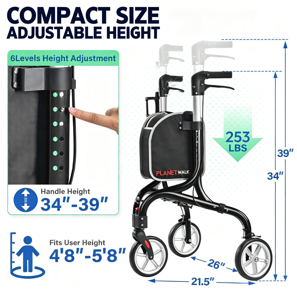 Super Lightweight 3 Wheel Foldable Aluminum Walker with Cup Holder, Black Z717