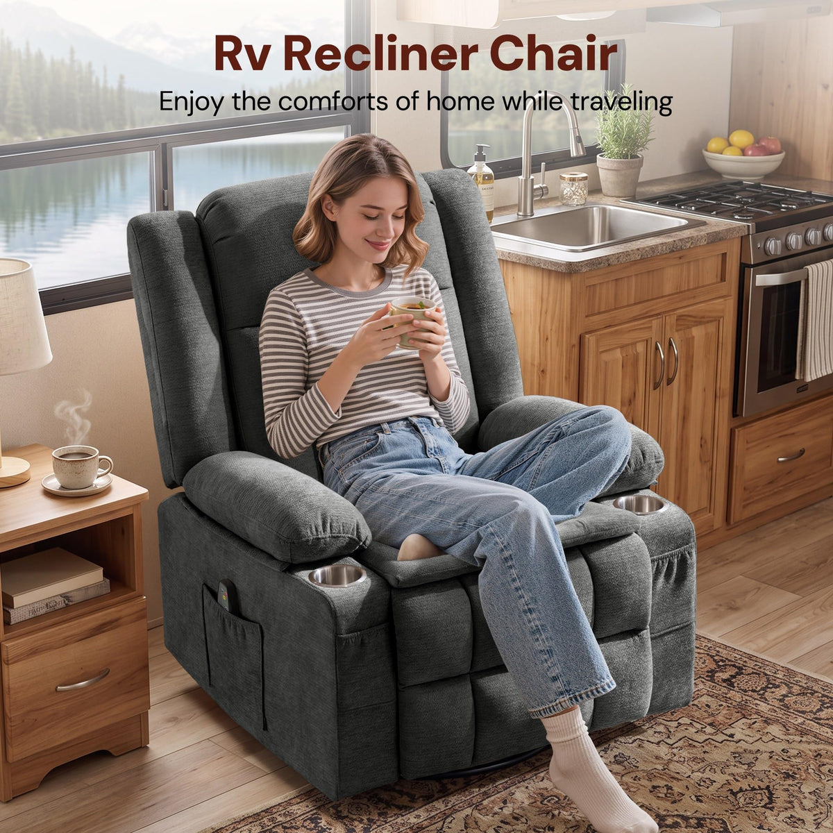 Grey Chenille Swivel Rocker Recliner with Massage and Heat I682965